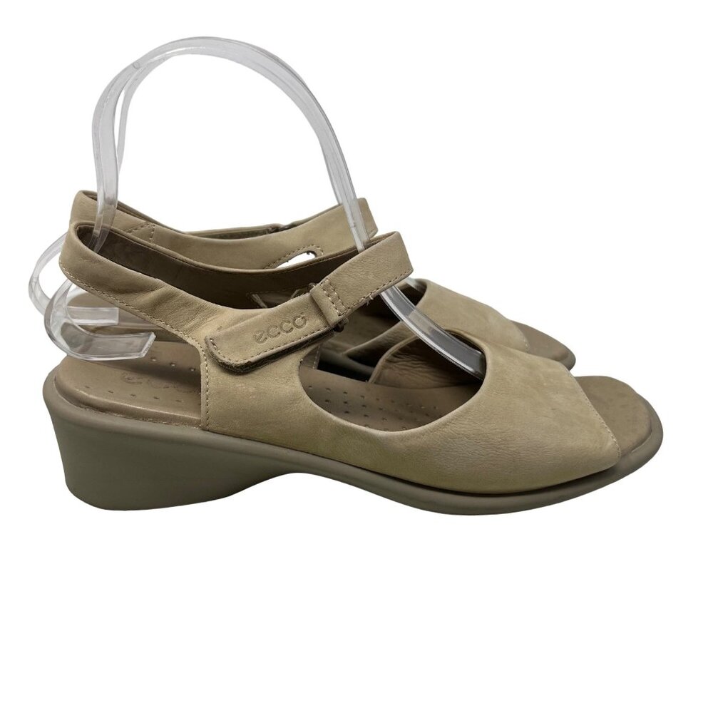 ECCO Sandals Size 39 Suede Leather Sport Walking Ankle Strap Tan Beige Wedges